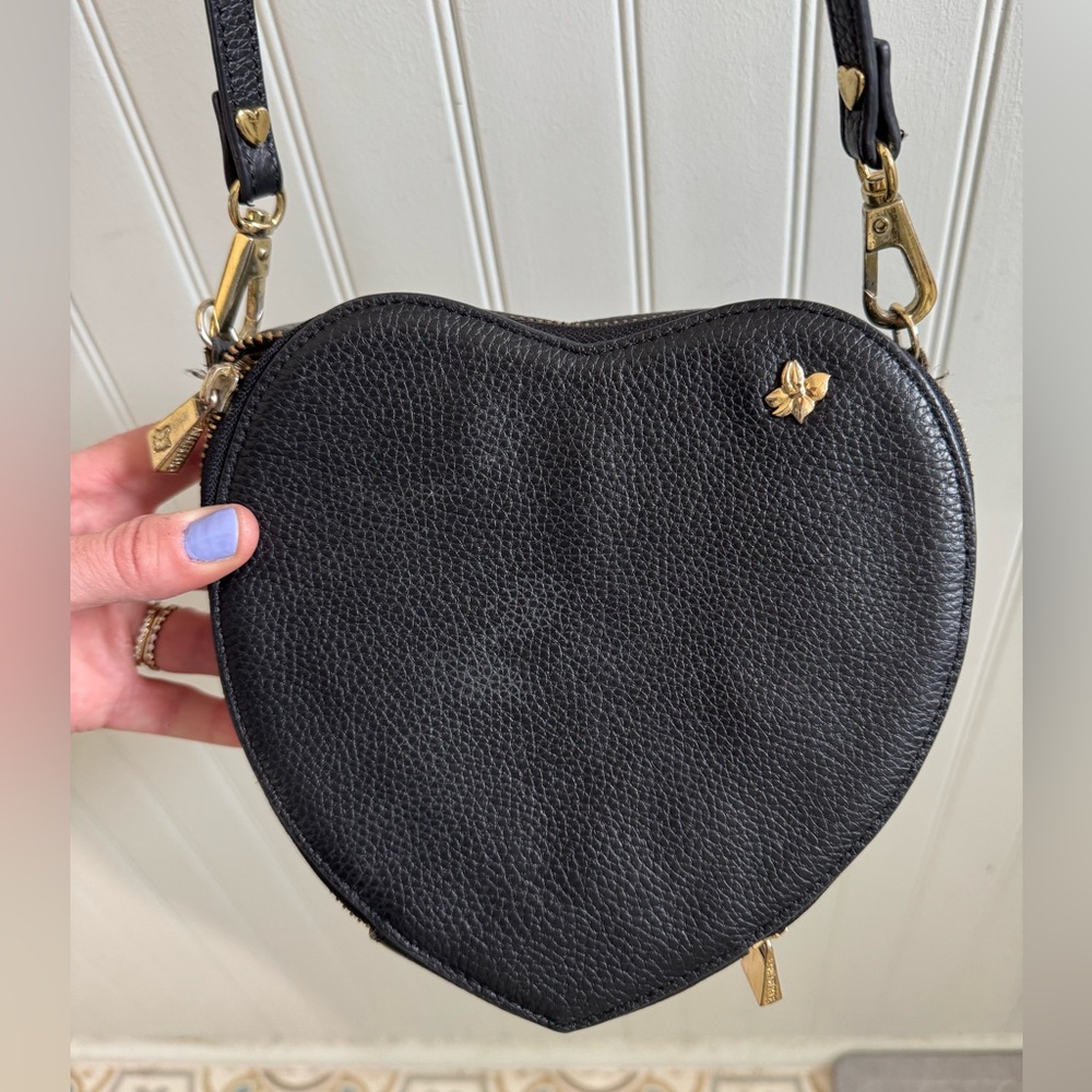 ORA DELPHINE Black Pebbled Leather Crossbody Heart Bag